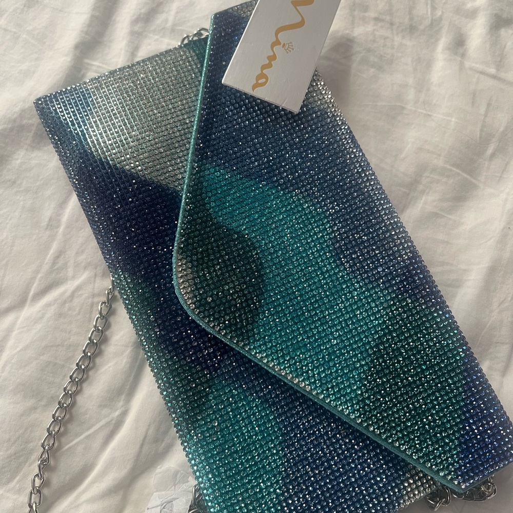 Nina Blue Ombré Beaded Envelope Clutch with Silver Chain